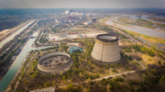 Aerial,Shot,Of,Chernobyl,Nuclear,Reactors,With,Straight,Canals,Around