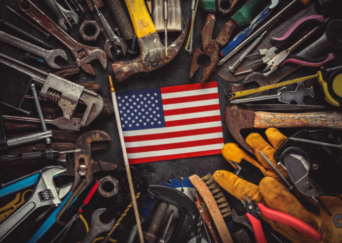 Patriotic,Collection,Of,Worn,And,Used,Work,Tools,With,Small