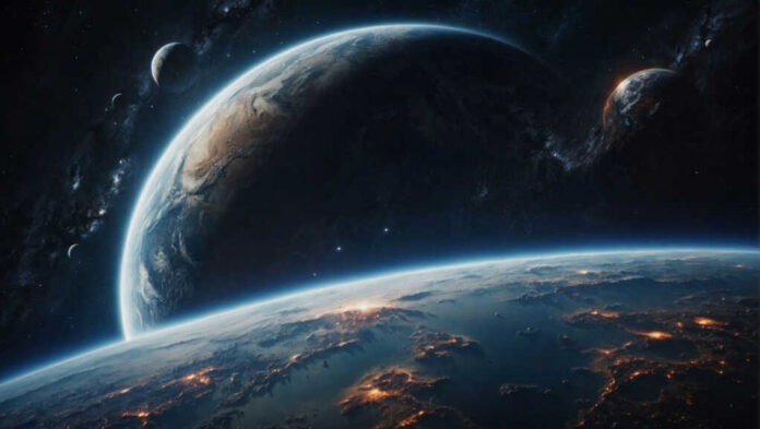 A stunning view of Earth from space with multiple planets in the background