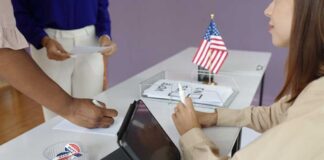 Individuals participating in the voting process at a polling station