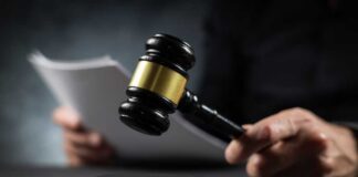 A gavel held above a sounding block with a person reading documents in the background