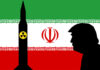 Silhouette of a man against the backdrop of the Iranian flag and a missile symbol