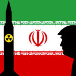 Silhouette of a man against the backdrop of the Iranian flag and a missile symbol