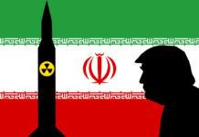 Silhouette of a man against the backdrop of the Iranian flag and a missile symbol