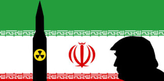 Silhouette of a man against the backdrop of the Iranian flag and a missile symbol