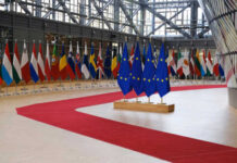 Flags of European countries displayed in a modern hall with a red carpet