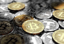 A collection of various cryptocurrency coins including Bitcoin and Tether