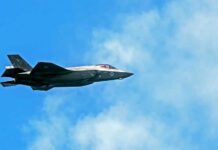 Fighter jet flying against a blue sky with clouds