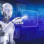 A humanoid robot interacting with a digital interface displaying data and graphs