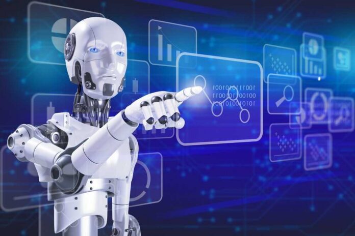 A humanoid robot interacting with a digital interface displaying data and graphs