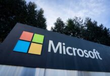 Microsoft logo displayed on a sign with colorful squares