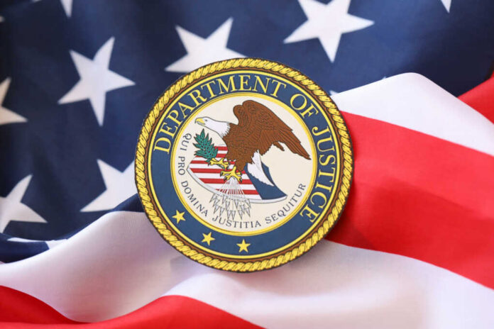 Department of Justice seal on an American flag background