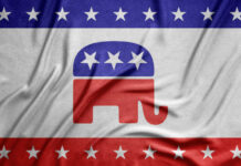 A textured fabric featuring the Republican Party elephant logo in red, surrounded by stars and stripes in blue and white
