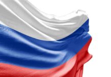 Close-up of the Russian flag with red, blue, and white colors