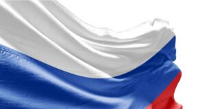 Close-up of the Russian flag with red, blue, and white colors