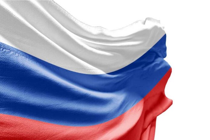 Close-up of the Russian flag with red, blue, and white colors