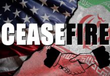Graphic depicting a ceasefire between the US and Iran with flags and a handshake