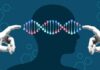 Illustration of a human head with DNA strands and hands reaching towards it