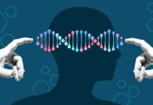 Illustration of a human head with DNA strands and hands reaching towards it
