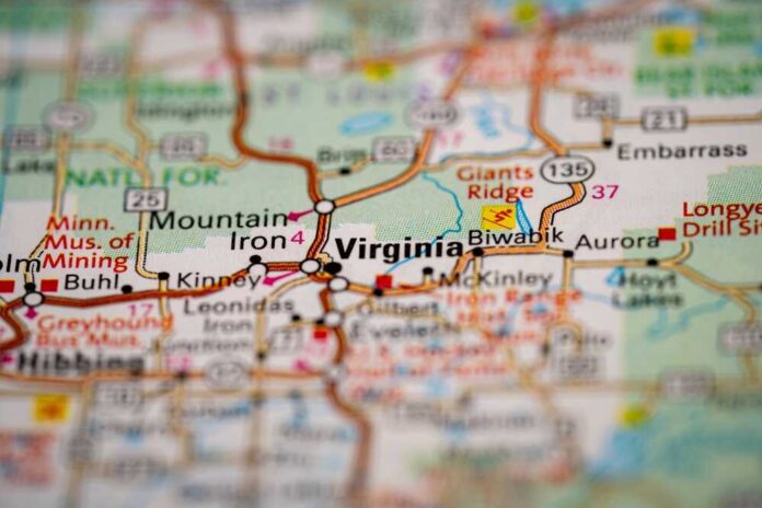 Close-up of a map showing Virginia, Minnesota and surrounding areas
