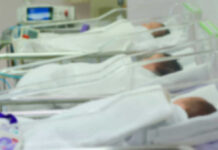 Newborn infants resting in hospital cribs in a nursery