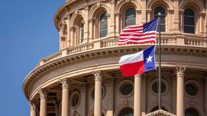 shutterstock494317324jpg American and Texas flags flying in front of a state capitol building
