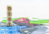 Debt Crisis Looms: Households Drowning Stack of wooden blocks spelling DEBT on top of various credit cards