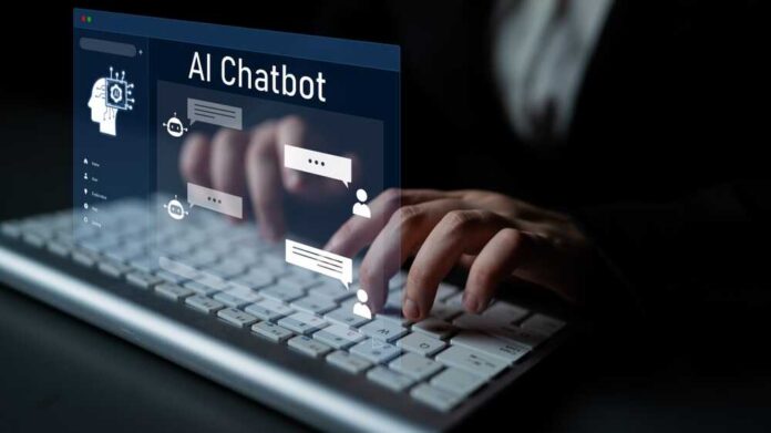 Person typing on a keyboard with a digital AI chatbot interface displayed