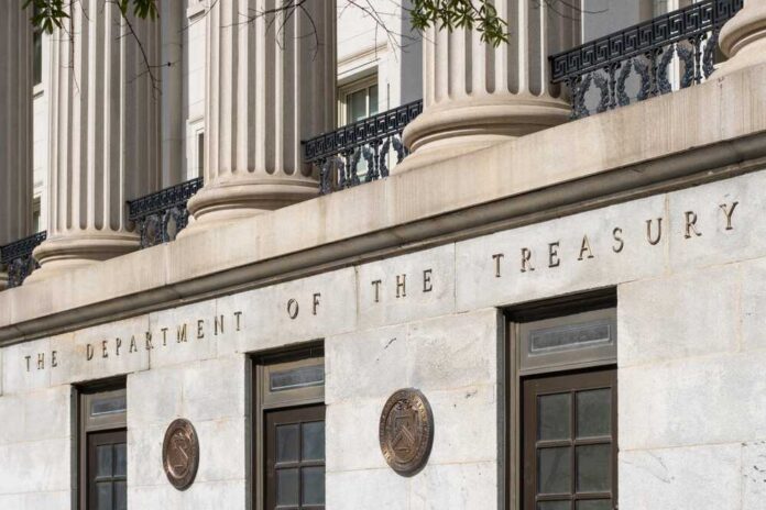Washington,,Dc,,Usa,-,June,24,,2022:,Exterior,View,Of Facade of the Department of the Treasury with columns and engraved text