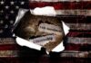 Torn paper revealing the 14th Amendment and the word Citizenship against an American flag background