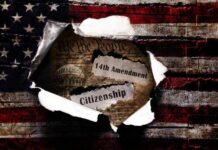 Citizenship Bombshell Hits Supreme Court Torn paper revealing the 14th Amendment and the word Citizenship against an American flag background