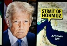 Strait Reopens? Iran Says Not So Fast A political figure next to a map highlighting the Strait of Hormuz