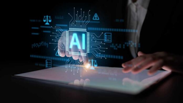 Ai,Circuit,Microchip,With,Glowing,Blue,Lines,,Surrounded,By,Legal A hand interacting with a digital interface displaying AI technology