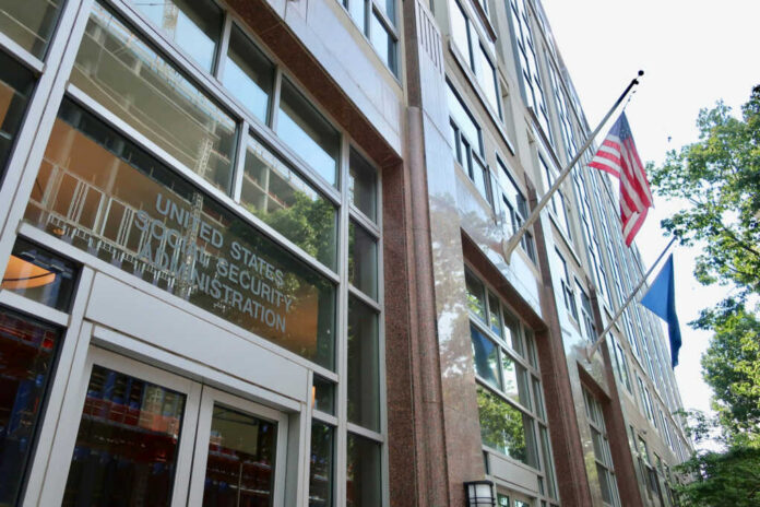 shutterstock1407372242jpg Exterior view of the United States Social Security Administration building with flags