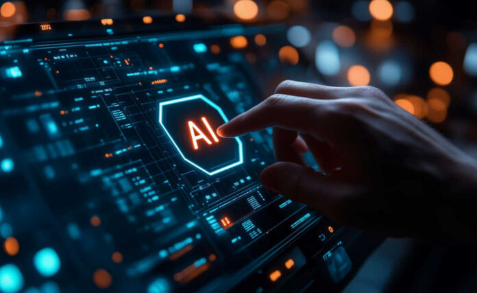 shutterstock2508362681jpg A hand interacting with a digital interface displaying AI in bright letters