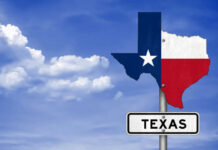 Texas Shock: Detransitioner Case Roars Back Texas state outline with flag colors and a road sign indicating Texas