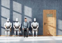 Dutch Hub Quietly Arms The Robots A man sitting between three humanoid robots in a waiting room for a job interview