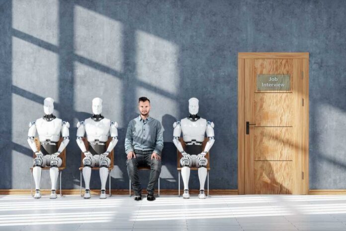 Concept,Robots,And,Artificial,Intelligence,Are,Taking,Away,Jobs.,Robots A man sitting between three humanoid robots in a waiting room for a job interview