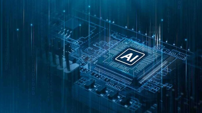 shutterstock_2578648931 AI chip on a circuit board glowing in blue
