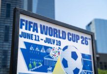 Red Card Reversed After Trump Intervention FIFA World Cup 26 poster with soccer ball in urban setting