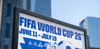 FIFA World Cup 26 poster with soccer ball in urban setting