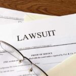 Legal documents labeled lawsuit on a desk