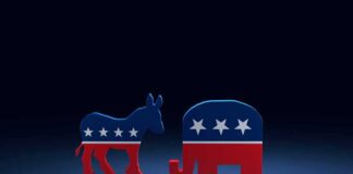 Donkey and elephant symbols facing each other