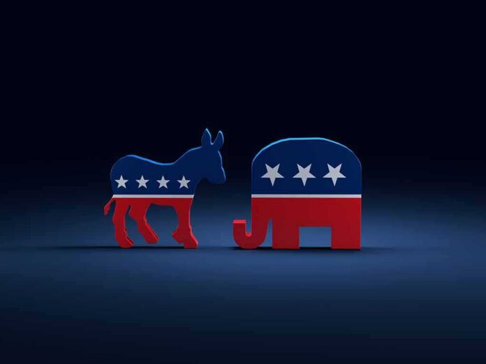 Donkey and elephant symbols facing each other