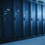 Row of server racks in a data center