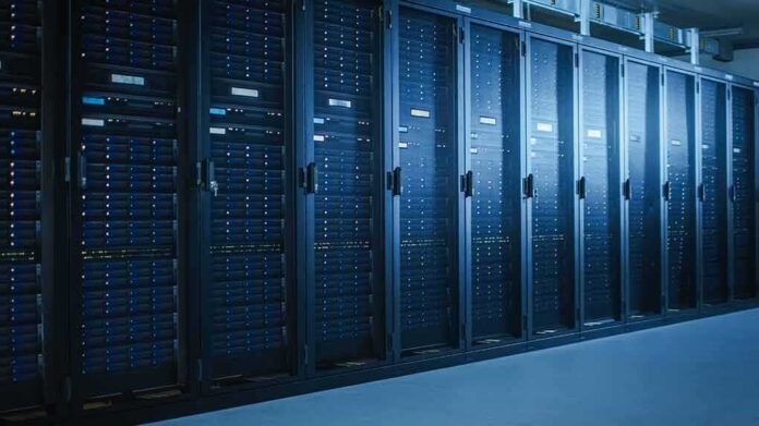 shutterstock_1363031171 Row of server racks in a data center