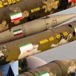 Row of military missiles with camouflage and national flags