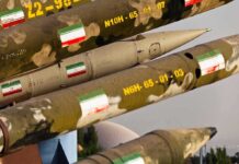 Row of military missiles with camouflage and national flags