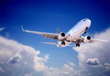 Co-Pilot Revolt Triggers Saudi Emergency Landing Commercial airplane flying with landing gear extended against a blue sky