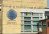 Kyiv on Edge After Moscow Detour United States Embassy exterior with signage and seal